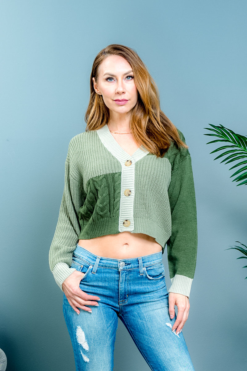 Long Sleeve Cable Knit Color Block Cropped Button Down Sweater ...