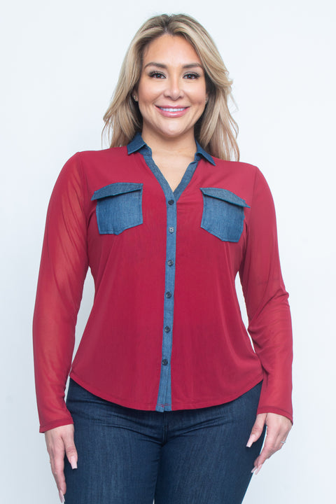 Plus Size Solid Light Button Down Long Sleeve Top 2Front Pockets* (ZB9954) - Wholesale Fashion Couture 