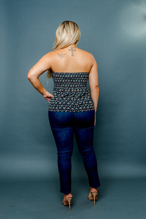 (INVENTORY PENDING) Plus Size Strapless Floral Print Smocked Sweetheart Tie Front Top (ZB11567F) - Wholesale Fashion Couture 