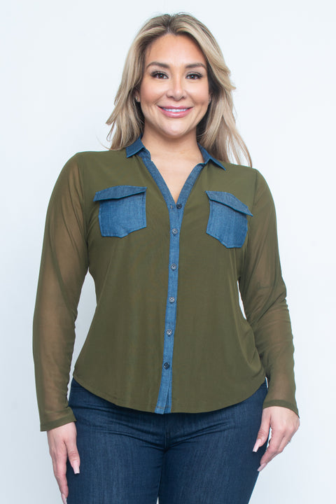 Plus Size Solid Light Button Down Long Sleeve Top 2Front Pockets* (ZB9954) - Wholesale Fashion Couture 