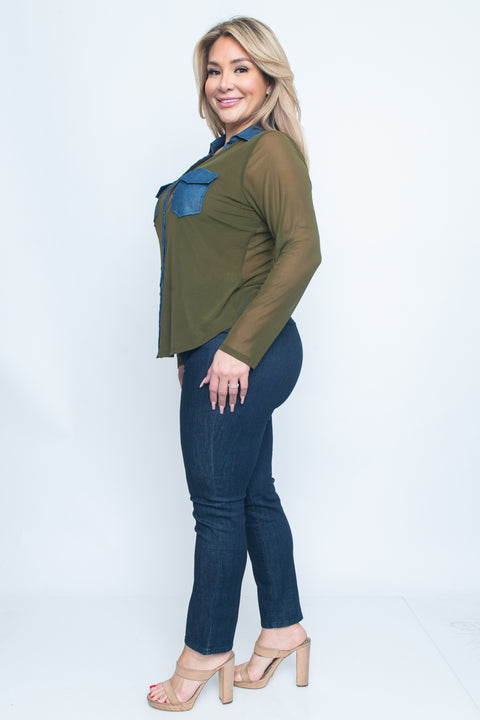Plus Size Solid Light Button Down Long Sleeve Top 2Front Pockets* (ZB9954) - Wholesale Fashion Couture 