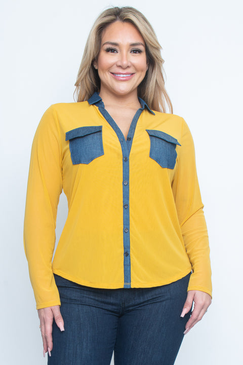 Plus Size Solid Button Down Long Sleeve Top (ZB9954) - Wholesale Fashion Couture 