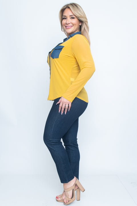 Plus Size Solid Light Button Down Long Sleeve Top 2Front Pockets* (ZB9954) - Wholesale Fashion Couture 