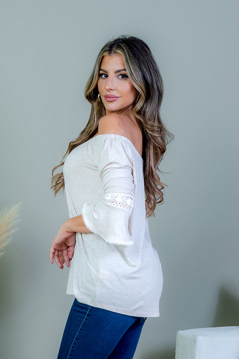 Off Shoulder 3/4 Sleeve Heather Knit Peasant Top with Crochet Knit Lace Trim (SK184232) - Wholesale Fashion Couture 