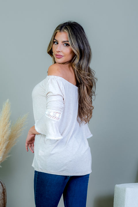 Off Shoulder 3/4 Sleeve Heather Knit Peasant Top with Crochet Knit Lace Trim (SK184232) - Wholesale Fashion Couture 