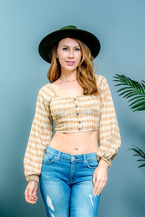 'My Fair Lady' Plaid Off Shoulder Long Sleeve Crop Top with Faux Button Front Decor (1005ITY) - Wholesale Fashion Couture 