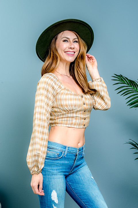 'My Fair Lady' Plaid Off Shoulder Long Sleeve Crop Top with Faux Button Front Decor (1005ITY) - Wholesale Fashion Couture 