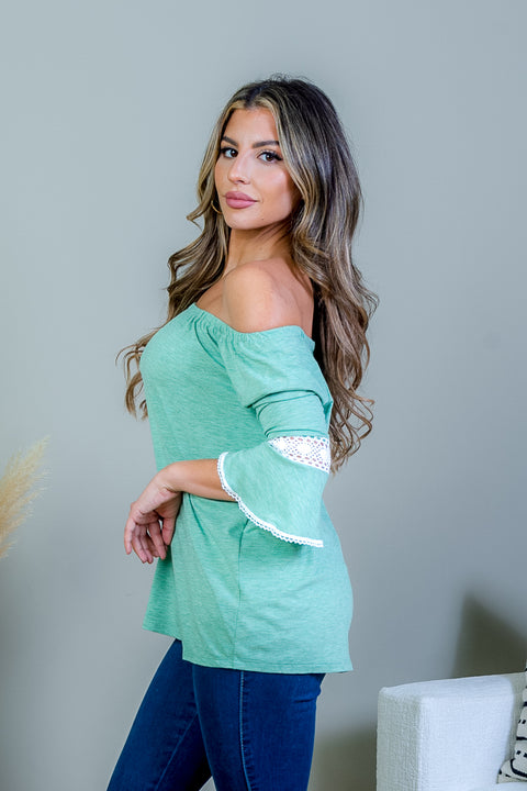 Off Shoulder 3/4 Sleeve Heather Knit Peasant Top with Crochet Knit Lace Trim (SK184232) - Wholesale Fashion Couture 