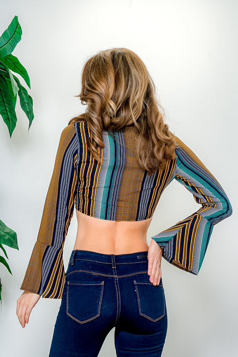 Multi Color Stripe Long Sleeve Plunge V Neck Tie Front Crop Top with Bell Cuffs (BT7203-1) - Wholesale Fashion Couture 