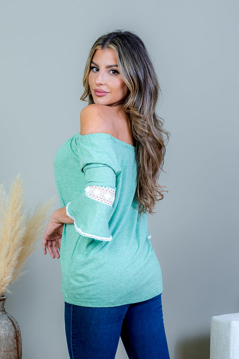 Off Shoulder 3/4 Sleeve Heather Knit Peasant Top with Crochet Knit Lace Trim (SK184232) - Wholesale Fashion Couture 