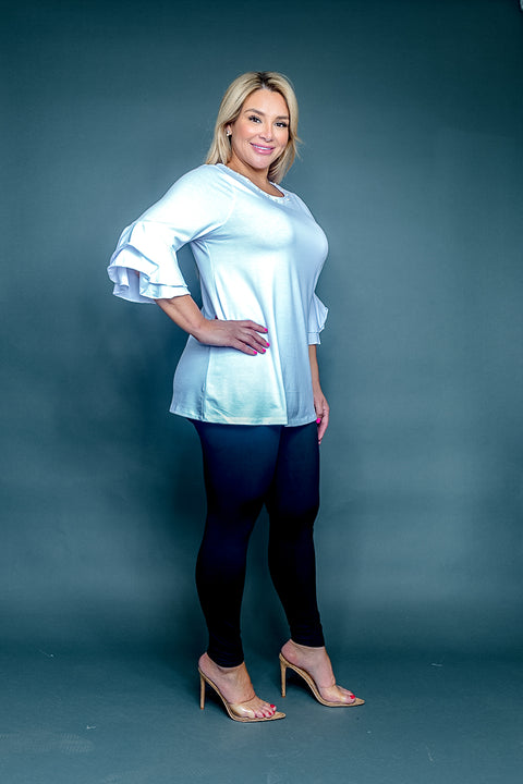 Plus Size Round Neck 3/4 Tiered Bell Sleeve Top with Pearl Trim (SK181235W) - Wholesale Fashion Couture 