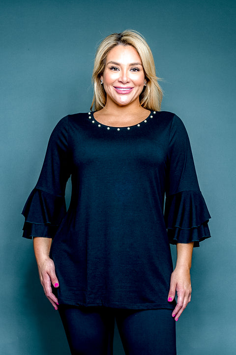 Plus Size Round Neck 3/4 Tiered Bell Sleeve Top with Pearl Trim (SK181235W) - Wholesale Fashion Couture 