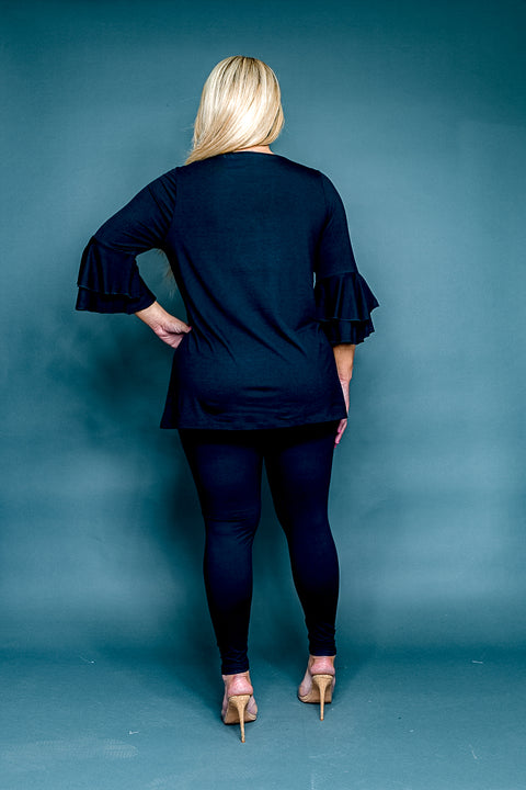 Plus Size Round Neck 3/4 Tiered Bell Sleeve Top with Pearl Trim (SK181235W) - Wholesale Fashion Couture 