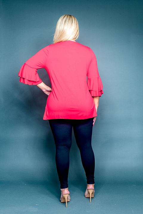 Plus Size Round Neck 3/4 Tiered Bell Sleeve Top with Pearl Trim (SK181235W) - Wholesale Fashion Couture 