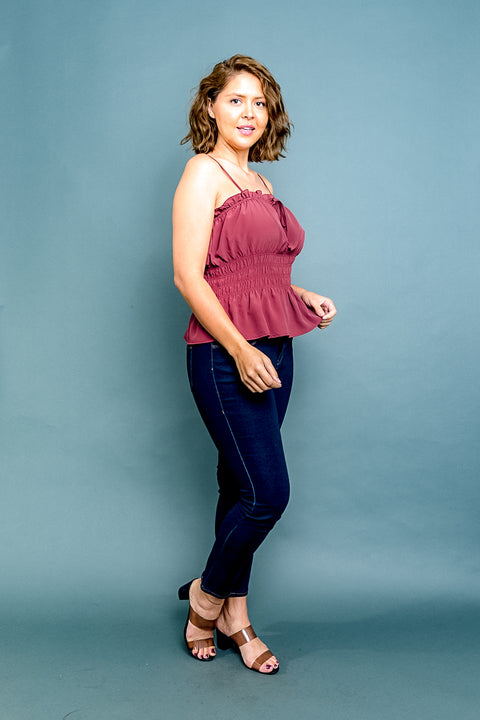 Plus Size Ruffle Square Neck Spaghetti Strap Top with Smocked Waist in Mulberry (ZB10979) - Wholesale Fashion Couture 