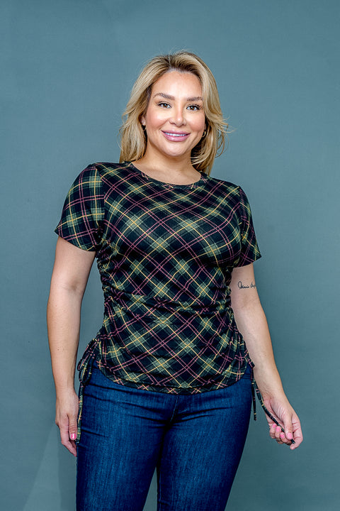 Plus Size Argyle Print Short Sleeve Top with Drawstring Ruched Sides (ZA34781) - Wholesale Fashion Couture 