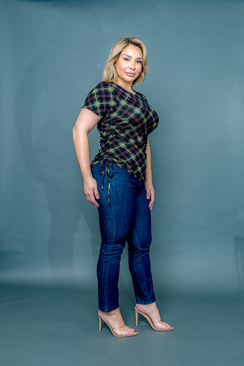 Plus Size Argyle Print Short Sleeve Top with Drawstring Ruched Sides (ZA34781) - Wholesale Fashion Couture 