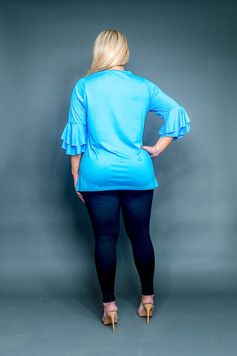 Plus Size Round Neck 3/4 Tiered Bell Sleeve Top with Pearl Trim (SK181235W) - Wholesale Fashion Couture 