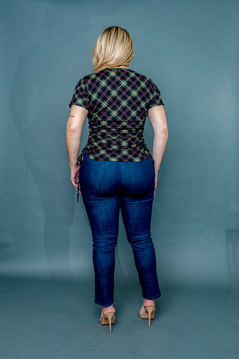 Plus Size Argyle Print Short Sleeve Top with Drawstring Ruched Sides (ZA34781) - Wholesale Fashion Couture 
