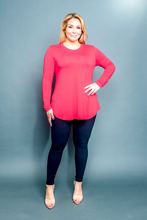 Plus Size Classic Fit Long Sleeve Crewneck T-Shirt with Dolphin Hem (MT5001-PLUS) - Wholesale Fashion Couture 