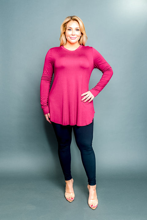 Plus Size Classic Fit Long Sleeve Crewneck T-Shirt with Dolphin Hem (MT5001-PLUS) - Wholesale Fashion Couture 