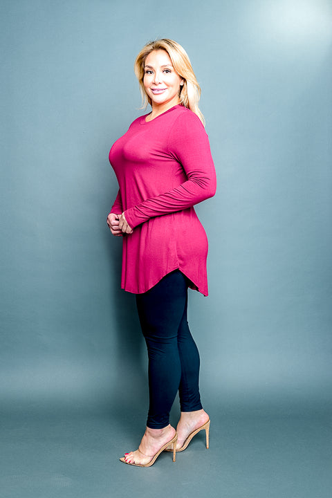 Plus Size Classic Fit Long Sleeve Crewneck T-Shirt with Dolphin Hem (MT5001-PLUS) - Wholesale Fashion Couture 