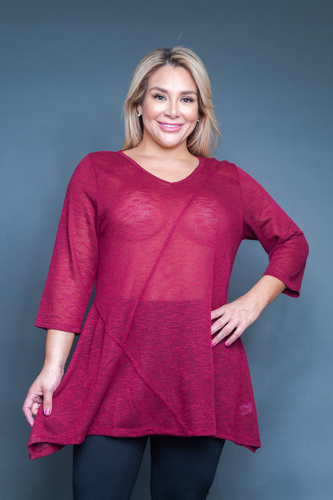 Plus Size V Neck Top with 3/4 Sleeves and Asymmetrical Seamed Handkerchief Hem in Burgundy (SK154301W) - Wholesale Fashion Couture 