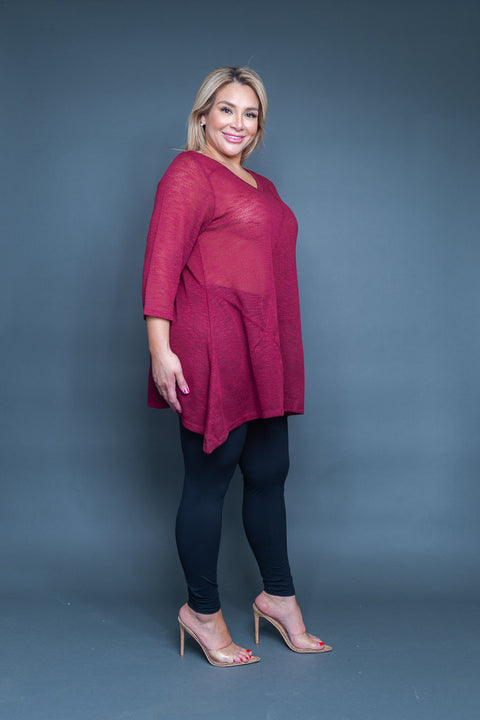 Plus Size V Neck Top with 3/4 Sleeves and Asymmetrical Seamed Handkerchief Hem in Burgundy (SK154301W) - Wholesale Fashion Couture 