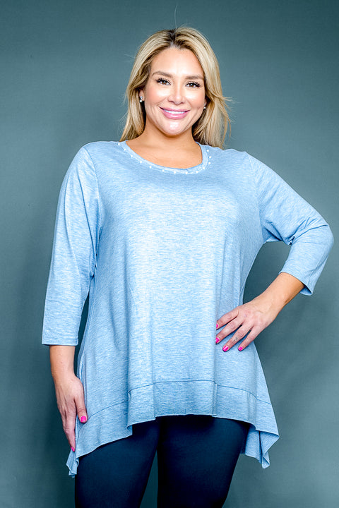 Plus Size Round Neck 3/4 Sleeve Top with Pearl Trim and Handkerchief Hem (SK184387W) - Wholesale Fashion Couture 