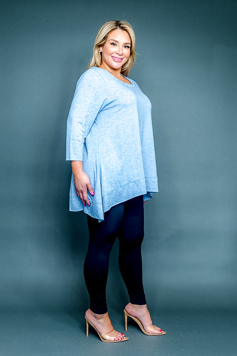 Plus Size Round Neck 3/4 Sleeve Top with Pearl Trim and Handkerchief Hem (SK184387W) - Wholesale Fashion Couture 