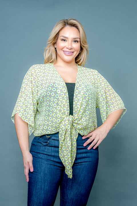 Plus Size Sheer Chiffon Multi Color Medallion Print 1/2 Sleeve Tie Front Shawl Top (ZA4168) - Wholesale Fashion Couture 