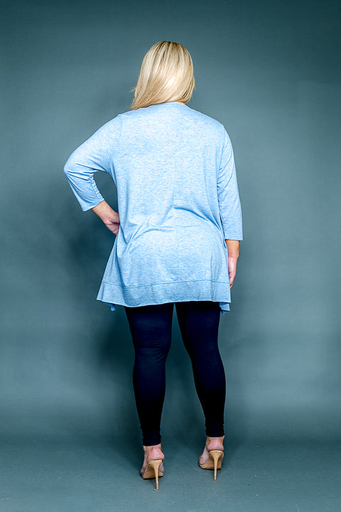 Plus Size Round Neck 3/4 Sleeve Top with Pearl Trim and Handkerchief Hem (SK184387W) - Wholesale Fashion Couture 