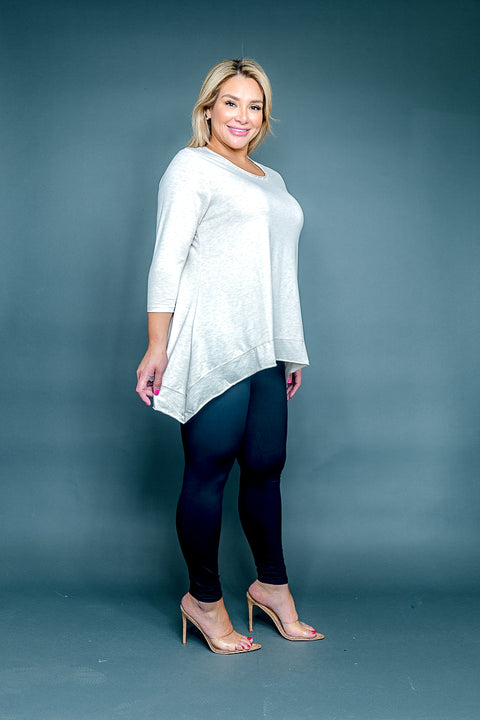 Plus Size Round Neck 3/4 Sleeve Top with Pearl Trim and Handkerchief Hem (SK184387W) - Wholesale Fashion Couture 