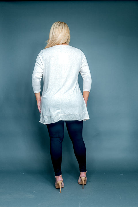 Plus Size Round Neck 3/4 Sleeve Top with Pearl Trim and Handkerchief Hem (SK184387W) - Wholesale Fashion Couture 