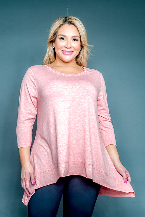 Plus Size Round Neck 3/4 Sleeve Top with Pearl Trim and Handkerchief Hem (SK184387W) - Wholesale Fashion Couture 