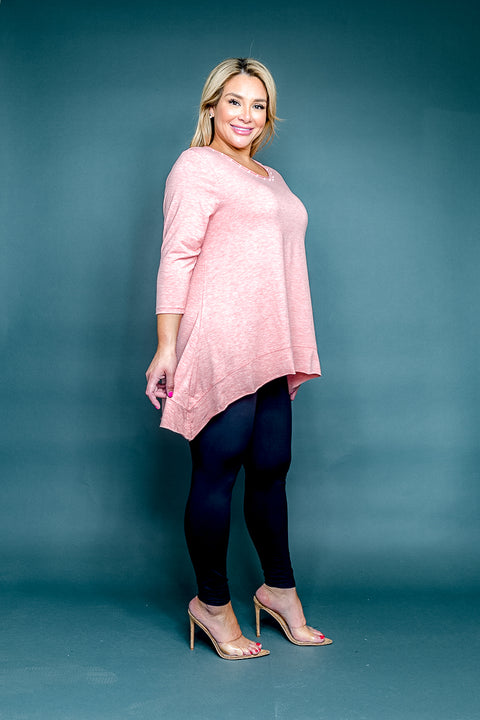 Plus Size Round Neck 3/4 Sleeve Top with Pearl Trim and Handkerchief Hem (SK184387W) - Wholesale Fashion Couture 