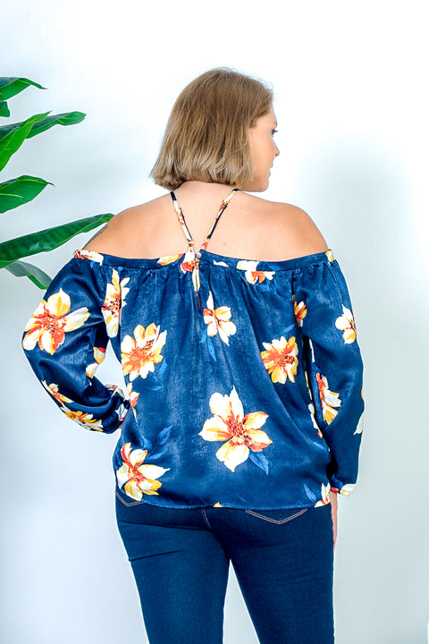 Plus Size Tropics Floral Print Off Shoulder Halter Top with Long Billowy Sleeves in Navy (IT9034-U243PL) - Wholesale Fashion Couture 