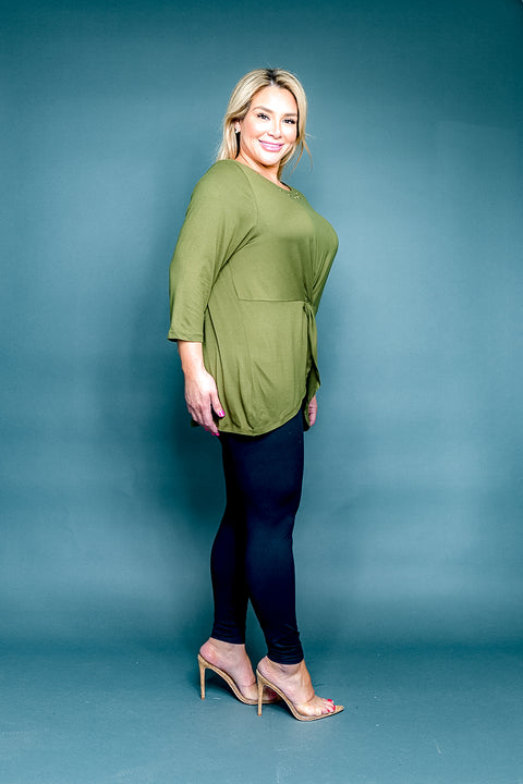 Plus Size Jewel Neck Twist Front Peplum Top with Grommet Accents and 3/4 Sleeves (FK181308W) - Wholesale Fashion Couture 