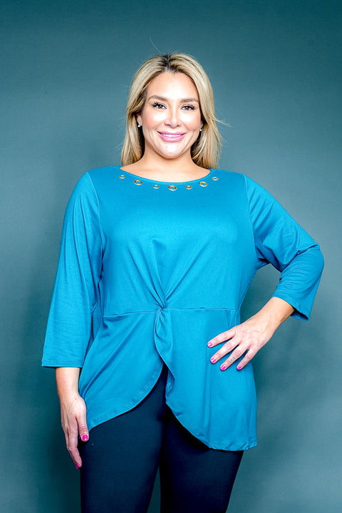 Plus Size Jewel Neck Twist Front Peplum Top with Grommet Accents and 3/4 Sleeves (FK181308W) - Wholesale Fashion Couture 