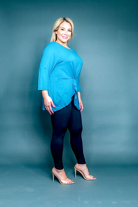 Plus Size Jewel Neck Twist Front Peplum Top with Grommet Accents and 3/4 Sleeves (FK181308W) - Wholesale Fashion Couture 