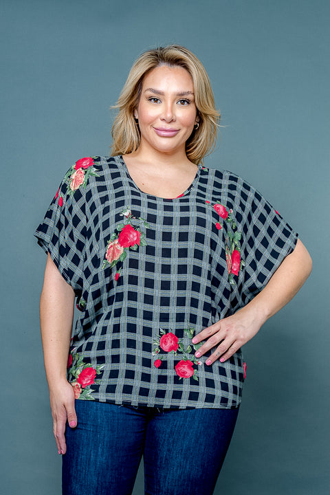 Plus Size Plaid & Floral Print Scoop Neck Short Dolman Sleeve Top (ZA4547) - Wholesale Fashion Couture 