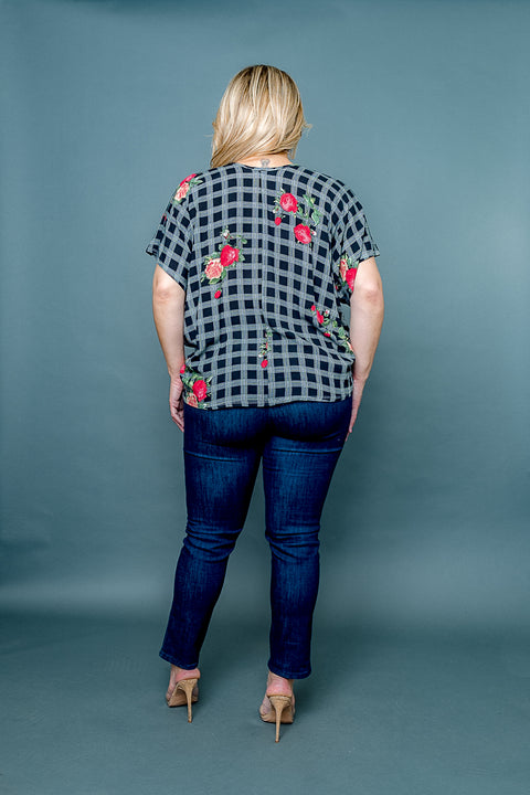 Plus Size Plaid & Floral Print Scoop Neck Short Dolman Sleeve Top (ZA4547) - Wholesale Fashion Couture 
