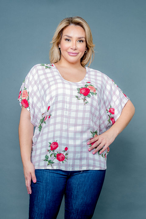 Plus Size Plaid & Floral Print Scoop Neck Short Dolman Sleeve Top (ZA4547) - Wholesale Fashion Couture 