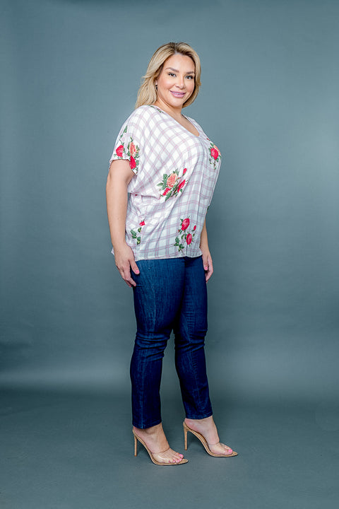 Plus Size Plaid & Floral Print Scoop Neck Short Dolman Sleeve Top (ZA4547) - Wholesale Fashion Couture 