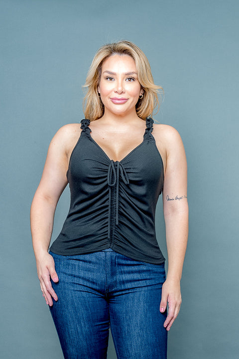 (INVENTORY PENDING) Plus Size V Neck Ribbed & Ruched Tie Front Tank Top with Ruffle Straps (ZA4543) - Wholesale Fashion Couture 