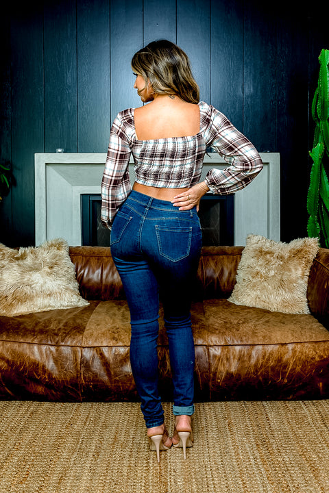 Plaid Square Neck Faux Button Down Crop Top with Long Balloon Sleeves (T13214) - Wholesale Fashion Couture 