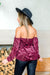 Floral Velvet Burnout Off Shoulder Long Sleeve Sweetheart Neck Top in Burgundy (ET1407) - Wholesale Fashion Couture 