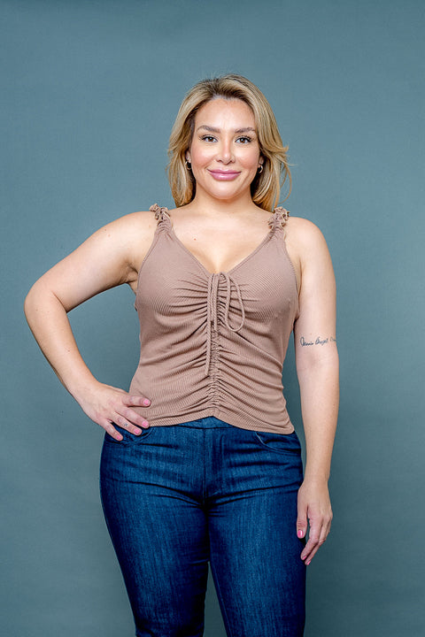 (INVENTORY PENDING) Plus Size V Neck Ribbed & Ruched Tie Front Tank Top with Ruffle Straps (ZA4543) - Wholesale Fashion Couture 