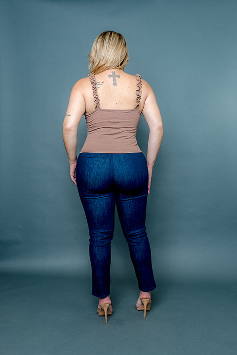 (INVENTORY PENDING) Plus Size V Neck Ribbed & Ruched Tie Front Tank Top with Ruffle Straps (ZA4543) - Wholesale Fashion Couture 