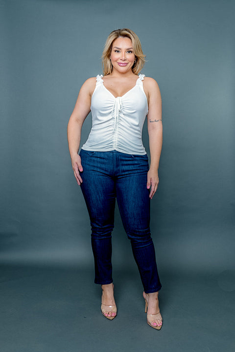 (INVENTORY PENDING) Plus Size V Neck Ribbed & Ruched Tie Front Tank Top with Ruffle Straps (ZA4543) - Wholesale Fashion Couture 